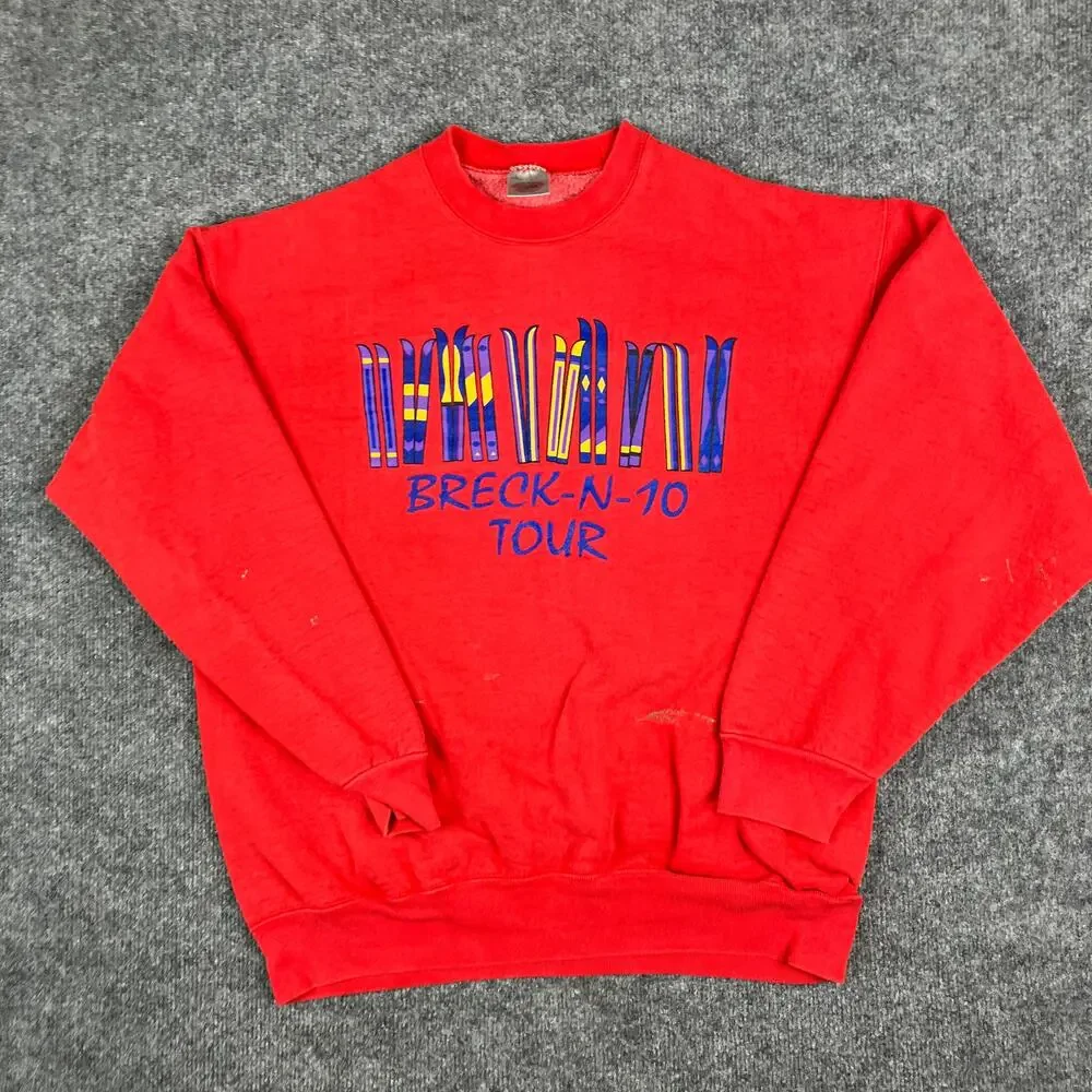 Fruit of the Loom Sweatshirt Mens Size L Red Breck-N-10 Tour Ski Graphic Vintage